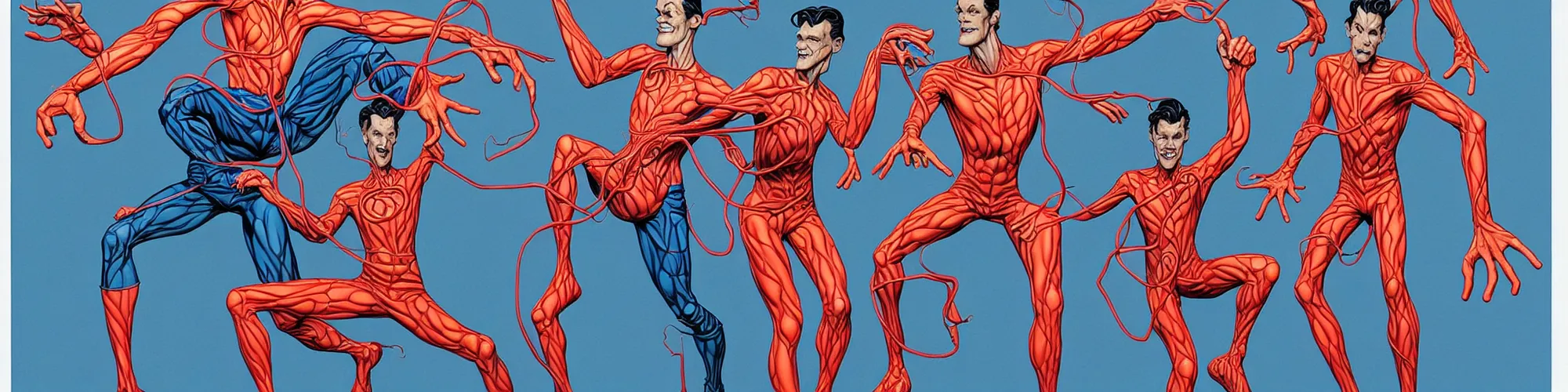 Prompt: mr. fantastic and plastic man showing off their weird limbs illustrated by james jean with very long hands and arms and fingers and legs and feet twirling and twisting around