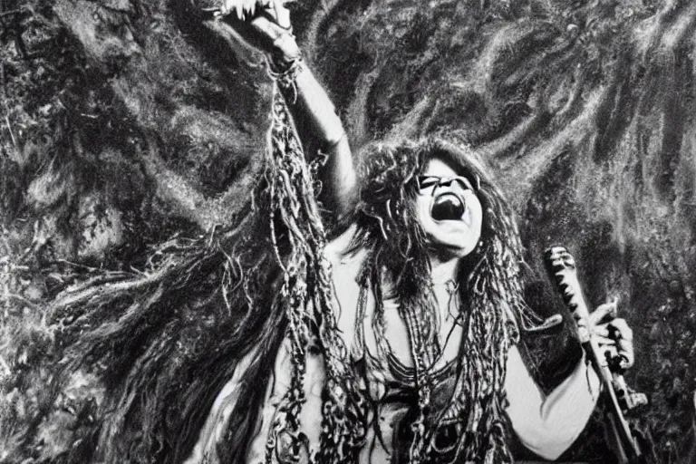 Image similar to highly detailed oil painting of janis joplin playing in woodstock, very realistic, top view, art nouveau, dramatic light,