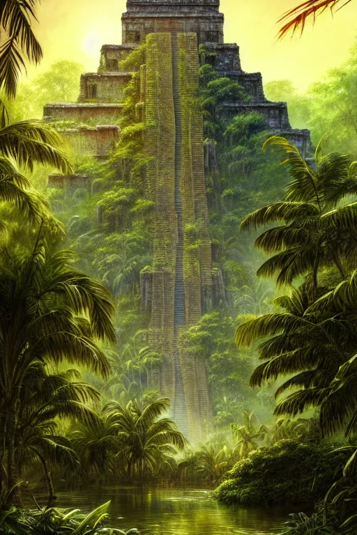 Prompt: a swampy tropical forest surrounding a ancient mayan ruin, tone mapped, shiny, intricate, cinematic lighting, highly detailed, digital painting, artstation, concept art, smooth, sharp focus, illustration, art by arthur haas and bruce pennington and john schoenherr