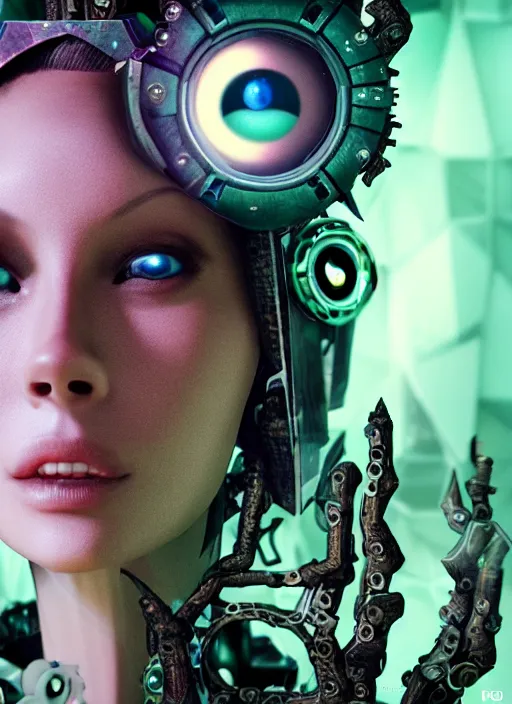 Image similar to 35mm portrait of intricate 7 of 9 borg with eye implant, on the background of a weird magical mechanical forest. Round gears visible inside her hear. Very detailed 8k. Fantasy cyberpunk horror. Sharp. Cinematic post-processing