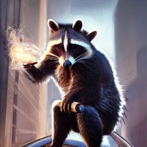 Image similar to a racoon wearing a suit smoking a cigar, dramatic lighting, cinematic, establishing shot, extremly high detail, photorealistic, cinematic lighting, artstation, style by James Gurney