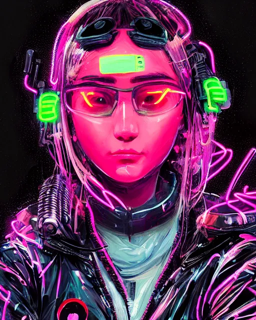 Image similar to detailed portrait Neon Operator Girl, cyberpunk futuristic neon, reflective puffer jacket, black leggings, decorated with traditional Japanese ornaments by Ismail inceoglu dragan bibin hans thoma !dream detailed portrait Neon Operator Girl, cyberpunk futuristic neon, reflective puffy coat, decorated with traditional Japanese ornaments by Ismail inceoglu dragan bibin hans thoma greg rutkowski Alexandros Pyromallis Nekro Rene Maritte Illustrated, Perfect face, fine details, realistic shaded, fine-face, pretty face