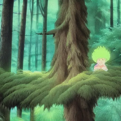 Image similar to spirit, forest, dancing on a tree top, hayao miyazaki, masashi ando, nizou yamamoto, kazuo oga, joe hisaishi, yoji takeshige, naoya tanaka