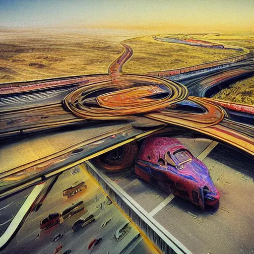 Prompt: organic cars moving fast on a huge road interchange in a desolated landscape, fluid, smooth, bright colours, high contrast, sharpness, beautiful, peaceful, very detailed, intricate, volumetric lighting, by giger and corben and moebius and beksinski and bosch and bacon