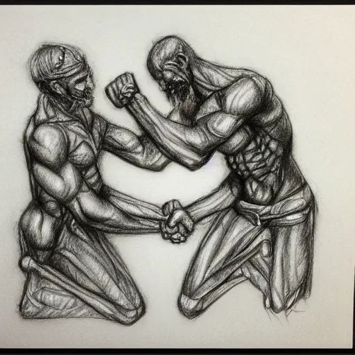 Image similar to god and the devil arm wrestling to see who wins the souls, pencil sketch