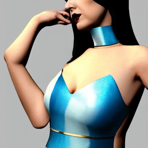 Image similar to comforting portrait of a pale hot goth woman with elegant multilayered gold-blue-silver tight leather high-neck striped dress, curvy thin waist, photorealistic, sublime, 16k, smooth, sharp focus, cgsociety, trending on ArtStation, volumetric lighting