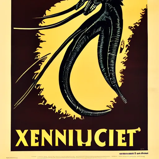 Prompt: 1930s poster of a xenomorphic worm