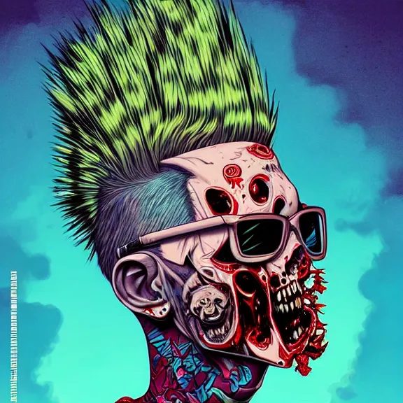 Prompt: a zombie punk rocker with a mohawk playing electric guitar, tristan eaton, victo ngai, artgerm, rhads, ross draws