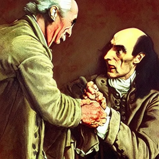 Image similar to norman rockwell painting of 1 7 7 6 ben franklin shaking hands with 3 0 - year - old, virile dracula