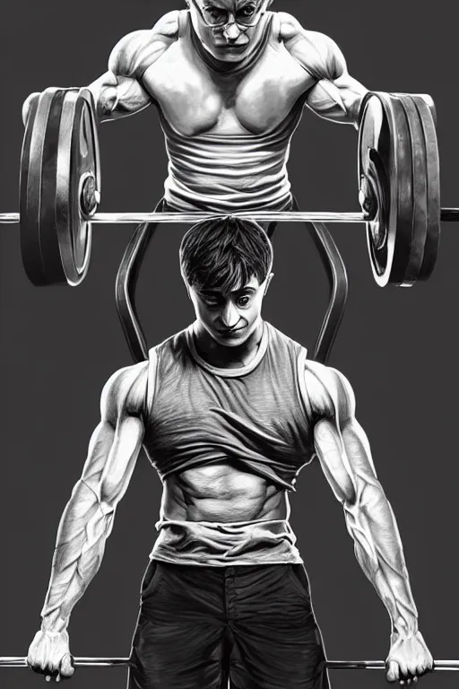 Image similar to highly detailed rendering of Daniel Radcliffe as Harry Potter doing barbell back squats, dingy workout gym, wearing a muscle tee shirt, muscular deep squats, symmetrical, highly detailed, digital painting, artstation, concept art, smooth, sharp focus, illustration, cinematic lighting, art by artgerm and greg rutkowski and alphonse mucha