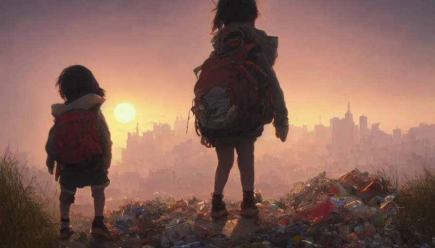 Prompt: poor detailed child with backpack looking for food at garbage dump, city is pure wasteland, sunset in background, greg rutkowski, alphonse mucha, trending on artstation, artgerm, breathtaking, award winning, highly detailed 4 k art