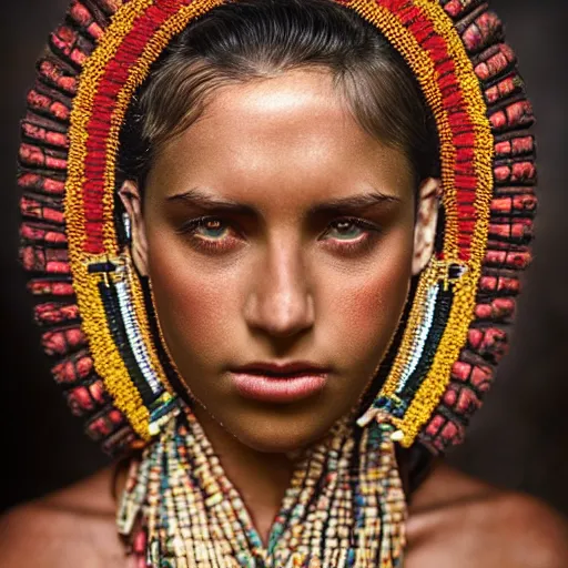 Image similar to vintage portrait of a stunningly beautiful aztec female, dark eyes, dark hair, olive skin, depth of field, zeiss lens, detailed, symmetrical, centered, fashion photoshoot, by edward s curtis, Annie Leibovitz and Steve McCurry, David Lazar, Jimmy Nelsson, Breathtaking, 8k resolution, extremely detailed, beautiful, establishing shot, artistic, hyperrealistic, beautiful face, octane render