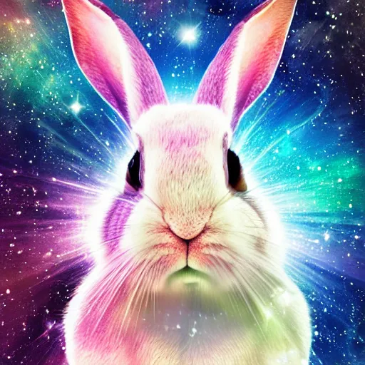 Prompt: complicated rabbit's face only with nebula space background, higher realistic, melting