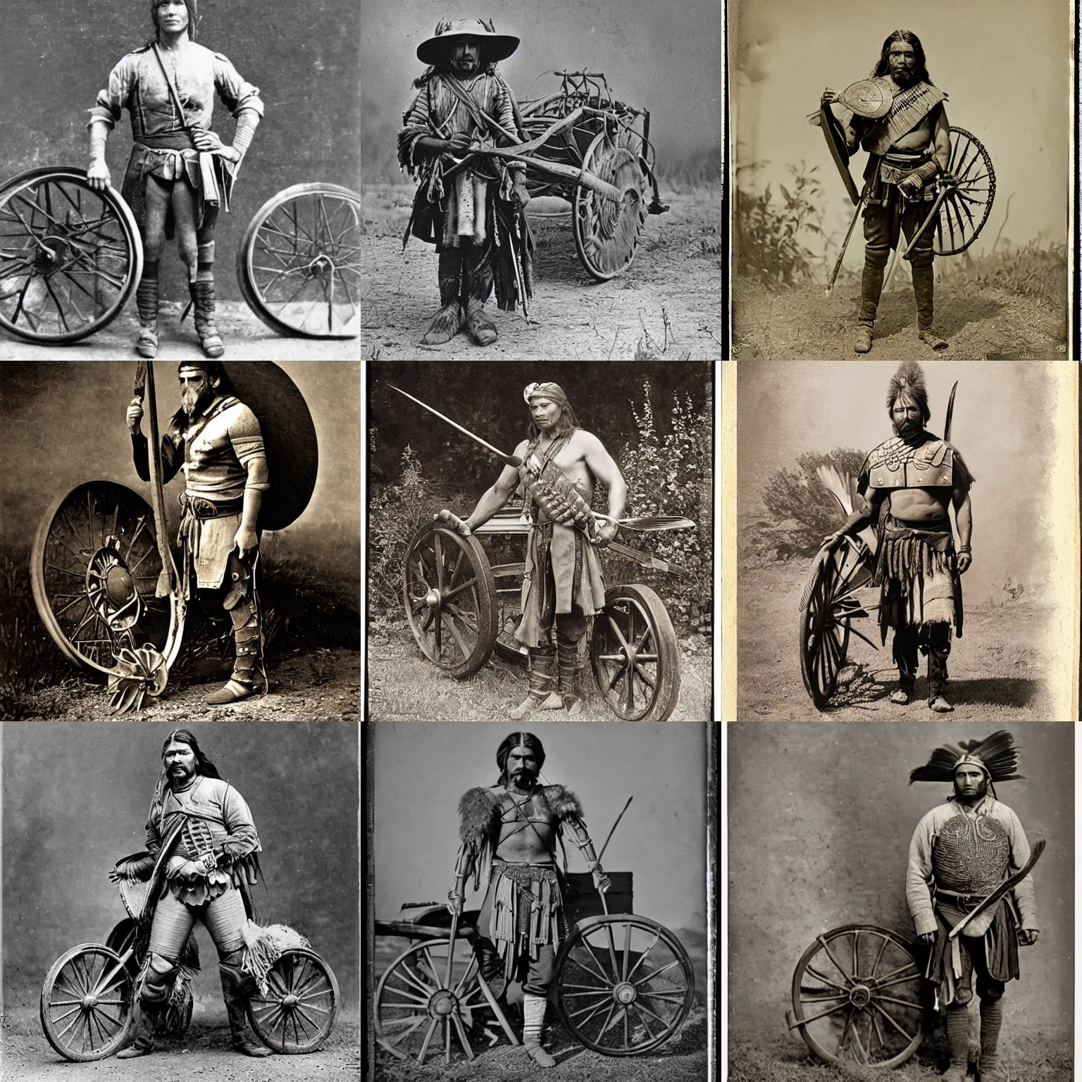 Prompt: portrait of Iroquois warrior standing next to his ancient motorbike chariot, vintage old photography, realistic, sepia