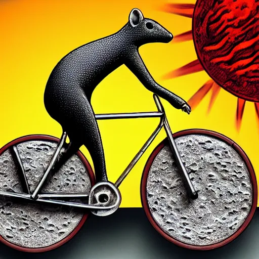 Image similar to a stainless steel bike, with swiss cheese wheels a wheel, a rat cycling fast on the surface of the moon and drives away from a huge and dangerous mushroom cloud of a nuclear explosion. photorealistic