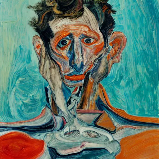 Prompt: high quality high detail expressionist painting of a man in agony by lucian freud and jenny saville and francis bacon and francisco goya and egon schiele and edvard munch and, hd, anxiety, seated at table crying and screaming, turquoise and orange