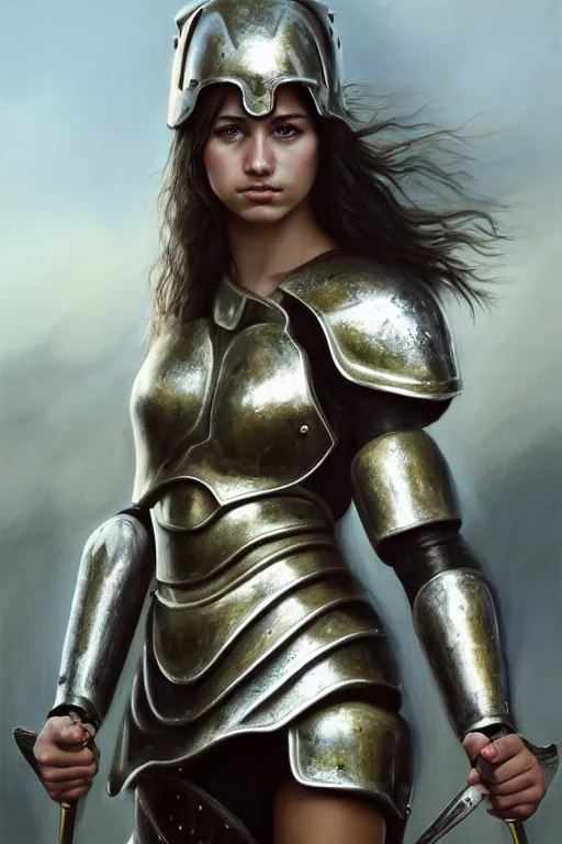 Prompt: a photorealistic painting of an attractive young girl, partially clothed in metal-plated battle armor, standing in front of a distant landscape, olive skin, fair complexion, long dark hair, flawless skin, beautiful bone structure, perfectly symmetric facial features, perfect photorealistic eyes, natural physique, intricate, elegant, digital painting, concept art, finely detailed, beautifully illustrated, sharp focus, minimal artifacts, volumetric lighting, from Metal Gear, by Ruan Jia and Mandy Jurgens and Artgerm and William-Adolphe Bouguerea, in the style of Greg Rutkowski, trending on Artstation, award winning art