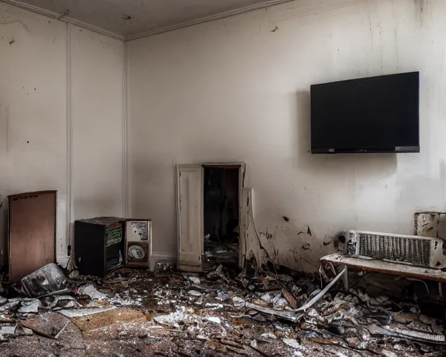 Prompt: Award winning photo of a living room of a flat abandoned 6 months ago, urban exploring, 4k, high quality