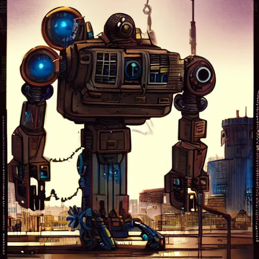 Image similar to a giant robot corpse repurposed to house a booming city in its hull, set in the distant future, steampunk, cyberpunk, warm lights, anime, vhs distortion