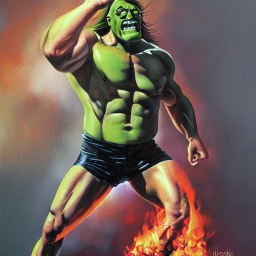 Image similar to wrestler hulk hogan, photorealistic, ring of fire, painted by michael whelan