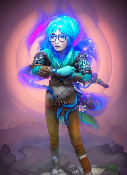 Image similar to young adult rock gnome artificer with blue hair, dndbeyond, bright, colourful, realistic, dnd character portrait, full body, rpg, concept art, behance hd, artstation, deviantart, global illumination, radiating a glowing aura, rray tracing hdr render in unreal engine 5