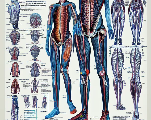 Image similar to female synthetic human, highly detailed labeled medical anatomy poster anatomical drawing, high resolution