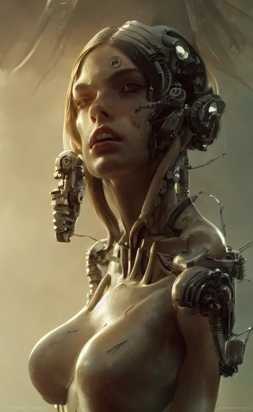 Image similar to a cyborg demon girl, ana de armas, flawless symmetrical pretty cute face, greg rutkowski, 8 k, shallow depth of field, intricate detail, concept art,