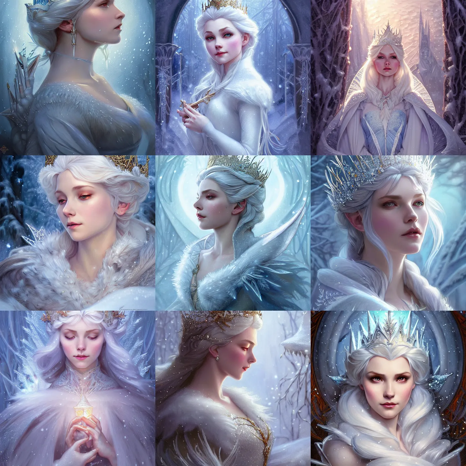 Prompt: the snow queen, fairy tale, closeup, D&D, fantasy, intricate, elegant, highly detailed, digital painting, artstation, concept art, matte, sharp focus, illustration, art by Artgerm and Greg Rutkowski and Alphonse Mucha