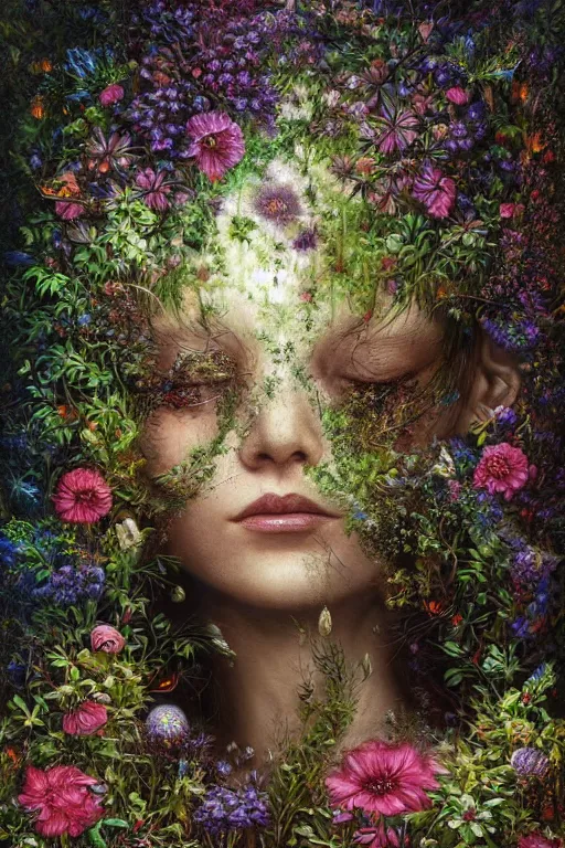 Image similar to a stunning ultra detailed fantasy fine art closeup photo of trinx ebros surrounded by blooming floral foliage, fireflies!!, by tomasz alen kopera, igor morski and anna dittman, misty night, very detailed, deep depth of field, 8 5 mm lens, soft lighting, artstation, highly coherent, 8 k