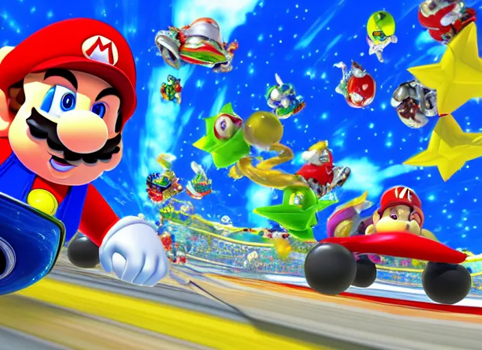 Prompt: portrait of mario kart blue shell flying through the air followed by other mario kart turtle shells