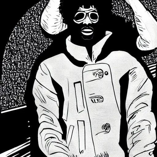 Prompt: afrofuturist man in a crowded busy street wearing a jacket over a jumpsuit, simple, cyberpunk, far shot, full body shot, 1970s comic art style, retrofuturist, drawing