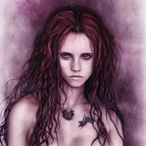 Image similar to dressed Hermione Granger in tattoos, by luis royo, beautiful gown, beautiful eyes, Beautiful face, by Aggi Erguna, high detail, high resolution