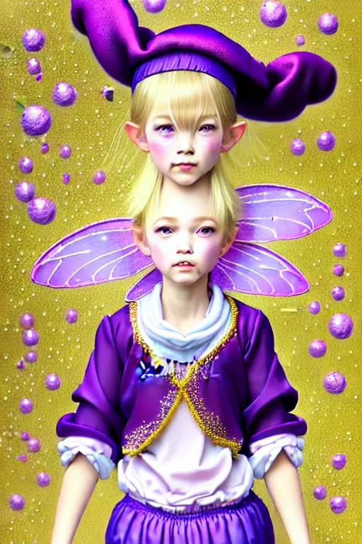 Image similar to Full View fairy maiden with short blond hair wearing an oversized purple Beret, Baggy Purple overall shorts, Short Puffy pants made of silk, silk shoes, a big billowy scarf, Golden Ribbon, and white leggings Covered in stars. covered in embroidery. Short Hair. peasant magic. masterpiece 4k digital illustration by Ruan Jia and Mandy Jurgens and Artgerm and william-adolphe bouguereau, award winning, Artstation, art nouveau aesthetic, Alphonse Mucha background, intricate details, realistic, panoramic view, Hyperdetailed, 8k resolution, intricate art nouveau