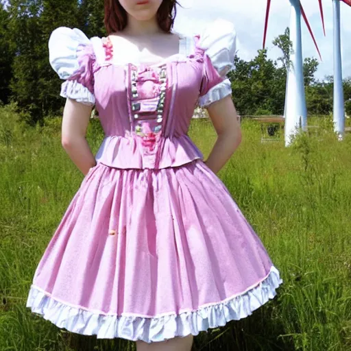 Prompt: A themed lolita dress ; the fabric has pictures of solar panels and windmills on it. A beautiful lolita dress, Angelic Pretty