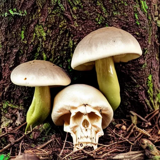 Image similar to alien mushrooms growing from a skull in the woods