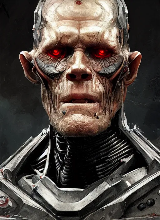 Prompt: willem dafoe as victor stone, full body concept, cyborg, borg, strogg, face of a man, terminator, flesh, quake strogg, doom demon, wolfenstein, monstrous, symmetry, symmetrical, concept art by ruan jia and greg rutkowski