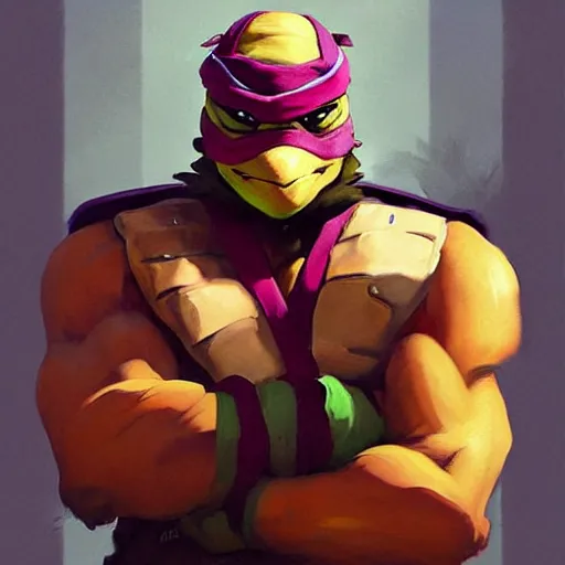 Image similar to Greg Manchess portrait painting of Michelangelo of TMNT as Overwatch character, medium shot, asymmetrical, profile picture, Organic Painting, sunny day, Matte Painting, bold shapes, hard edges, street art, trending on artstation, by Huang Guangjian and Gil Elvgren and Sachin Teng