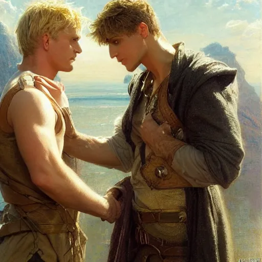 Image similar to attractive male, arthur pendragon who has blond hair confesses his love to attractive male, merlin who has dark hair. highly detailed painting by gaston bussiere, craig mullins, j. c. leyendecker 8 k