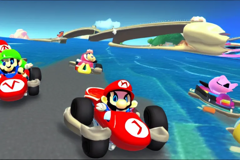 Prompt: whale driving a kart in mario kart double dash, wii screenshot, whale driving a kart