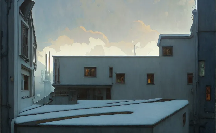 Image similar to painting of a wide angle exterior shot of a white modern architecture with cinematic lighting by peter zumthor, darek zabrocki and greg ruthkowski, alphonse mucha, simon stalenhag and cinematic and blue cold atmospheric, archillect concept art, artstation, trending on artstation