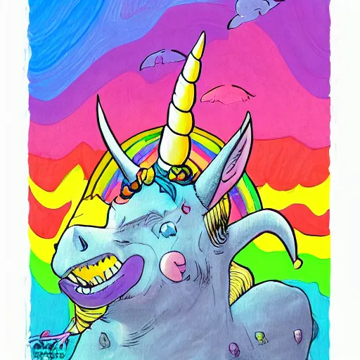 Image similar to trippy comic art of a unicorn horned pig with white wings sleeping on a rainbow in the sky with white clouds, drawn by Martin Rowson, Tim Burton, Studio Ghibli, Alex Pardee, Nekro Petros Afshar, James McDermott, colors by lisa frank, unstirred paint, vivid color, cgsociety 4K