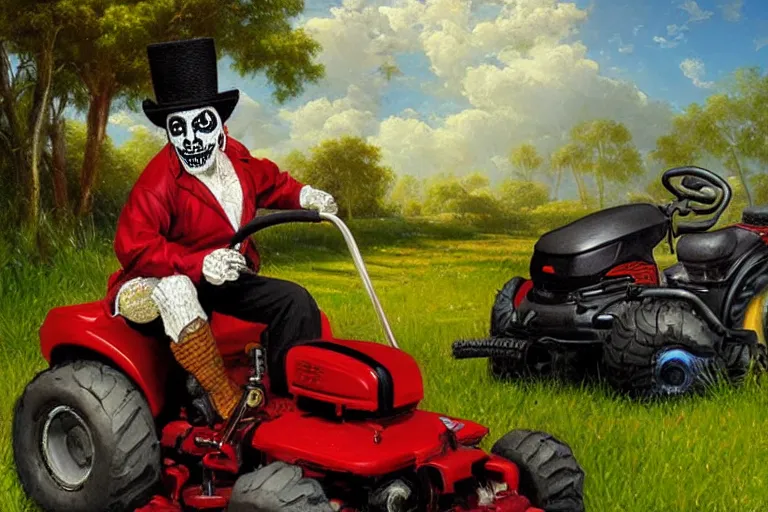 Prompt: portrait of wwf papa shango riding a lawn mower, an oil painting by ross tran and thomas kincade