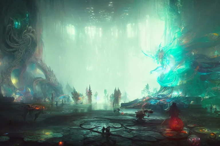 Prompt: a psychedelic realm at the edge of existence where intensely creative astral beings live, in the style of wlop and ruan jia, illustration, epic, fantasy, hyper detailed, smooth, unreal engine, sharp focus, ray tracing