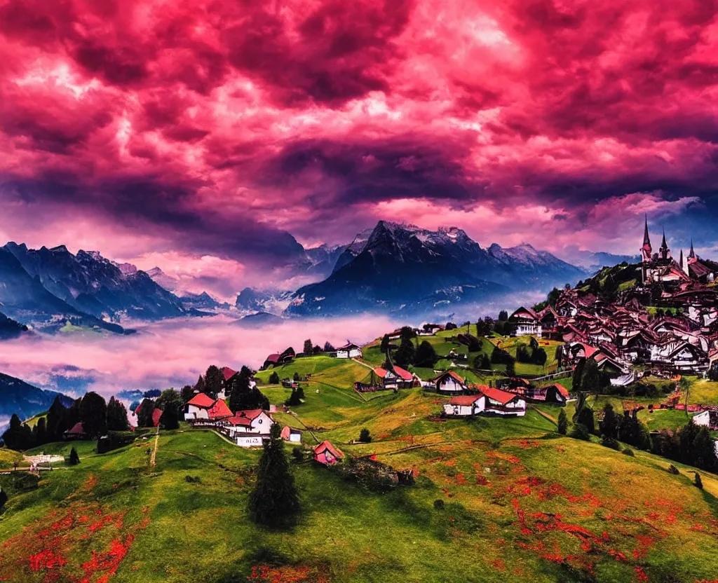 Image similar to Beautiful switzerland with red clouds