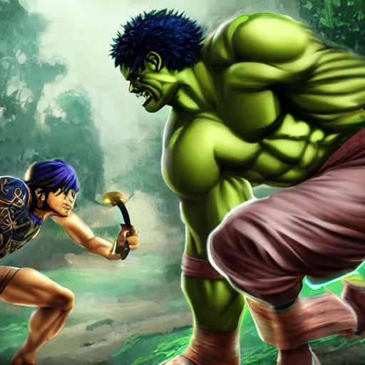 Image similar to epic anime battle between the king tut and the incredible hulk, digital art, game art, character design, trending on artstation, ultra realistic, ultra detailed
