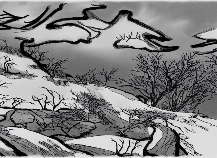 Prompt: stark minimalist charred wooded snowdrift landscape by bill watterson from mulan ( 1 9 9 8 )