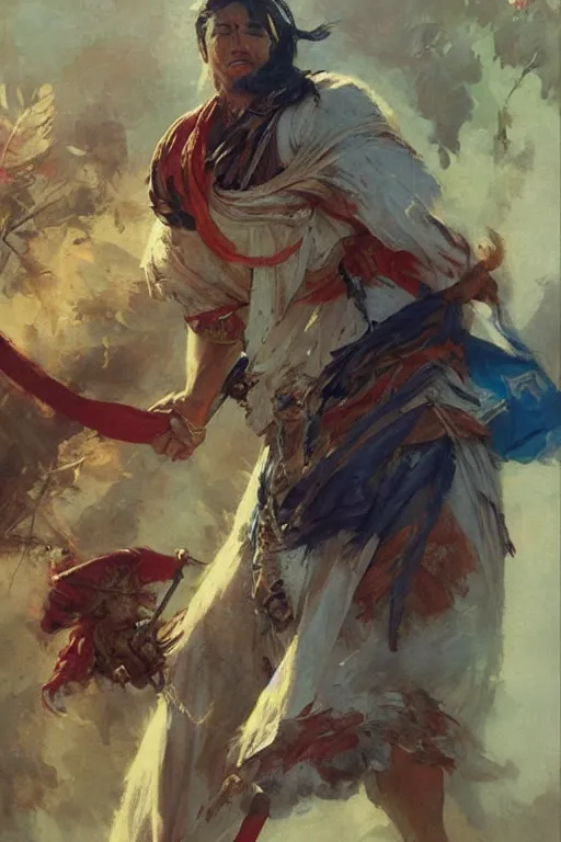 Image similar to wuxia, attractive beefy man, character design, colorful, painting by gaston bussiere, craig mullins, greg rutkowski, j. c. leyendecker