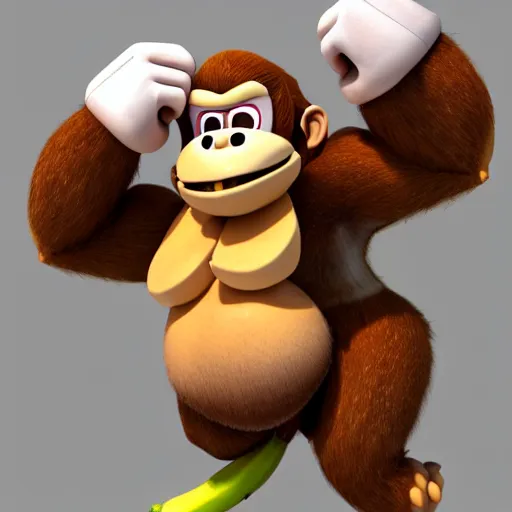 Prompt: Donkey Kong stepping on a banana, 3D render, detailed clay model