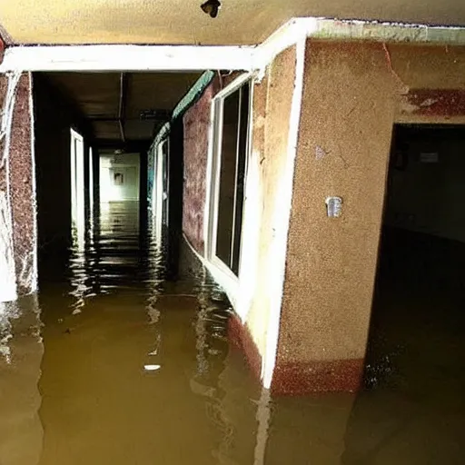 Image similar to a flooded creepy empty basement hallway, craigslist photo