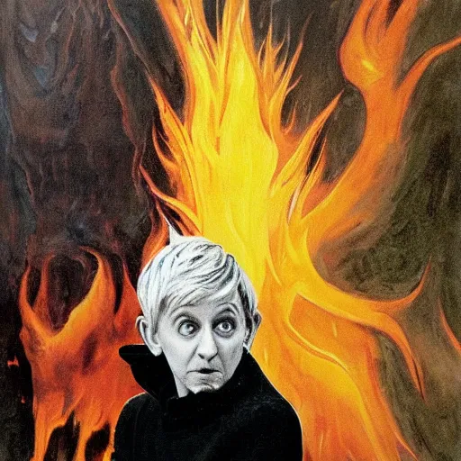 Image similar to ellen degeneres as the devil, pure evil, demonic background, surrounded by flames painted by hr giger, francisco goya, francis bacon, trending on artnet